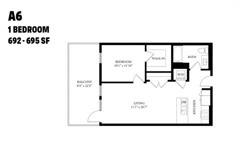 Floor plan for 1 bed, 1 bath, 695 sqft